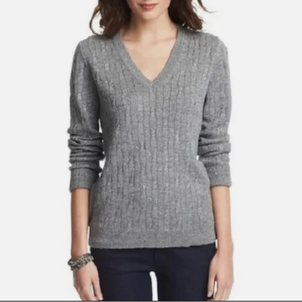Loft Light Gray Cable Knit Sweater, Soft, Stretch, Sexy V- Neck size L